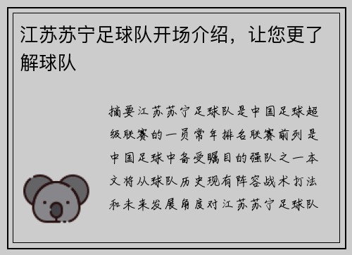 江苏苏宁足球队开场介绍，让您更了解球队