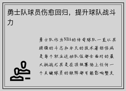 勇士队球员伤愈回归，提升球队战斗力